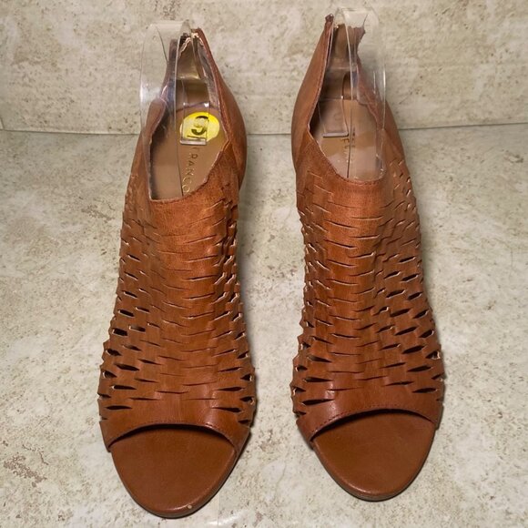 Franco Sarto Womens Tan Leather Peep-Toe Heels Back Zipper Western Boho - Picture 2 of 10